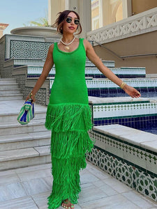 Italian Knit Green Fringe Sleeveless Maxi Dress