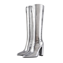 Load image into Gallery viewer, Crocodile Silver Iconic Pointed Toe Thigh High Boots