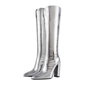 Crocodile Silver Iconic Pointed Toe Thigh High Boots