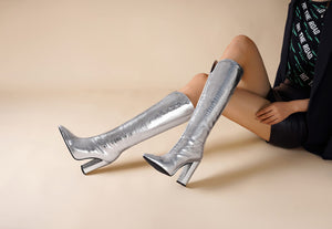 Crocodile Silver Iconic Pointed Toe Thigh High Boots