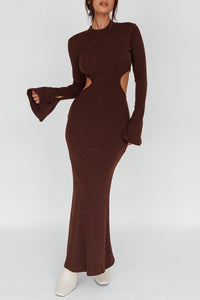 Chocolate Brown Long Sleeve Flared Cuffs Knit Maxi Dress