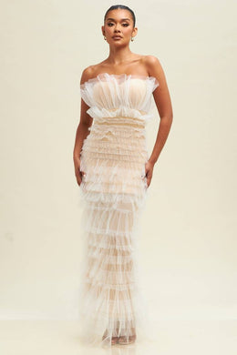 White Tulle Strapless Layered Maxi Dress