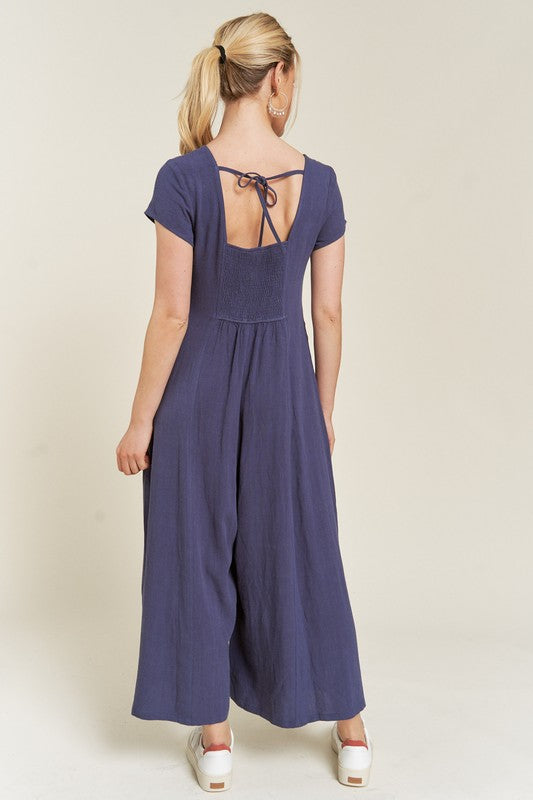 Plus Size Navy Blue Linen Button Down Wide Leg Jumpsuit