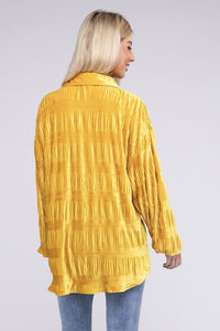 Wrinkle Effect Tiered Shirring Mustard Velvet Shirt