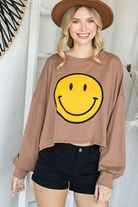 Smiley Face Mocha Long Sleeve Crop Top