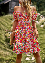 Load image into Gallery viewer, Boho Floral Yellow Square Neck Short Sleeve Dress