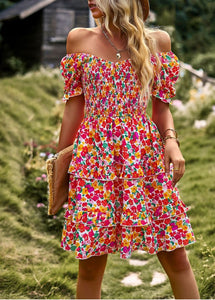 Boho Floral Yellow Square Neck Short Sleeve Dress