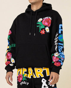 Men's Black Flower Puff Print Long Sleeve Hoodie