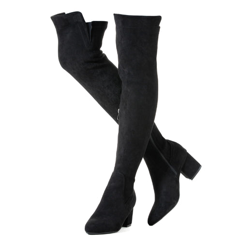 2.5 Inch Heel Black Thigh High Suede Over The Knee Stretch Boot