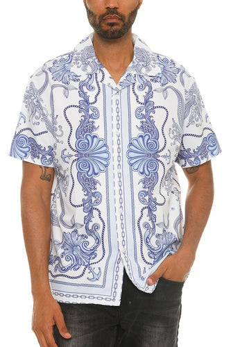 Mens White Blue Collared Print Short Sleeve Shirt