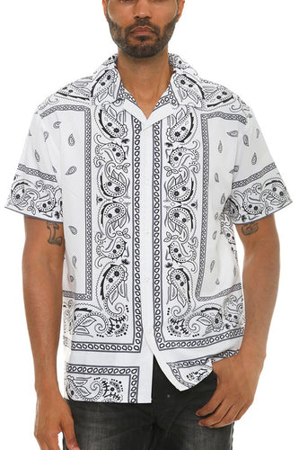 Mens White Paisley Collared Print Button Down Shirt