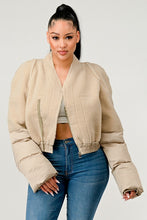 Load image into Gallery viewer, Plush Puff Cream Sleeve Bomber Jacket