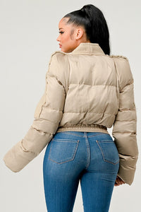 Plush Puff Cream Sleeve Bomber Jacket