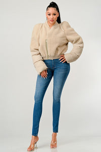 Plush Puff Cream Sleeve Bomber Jacket