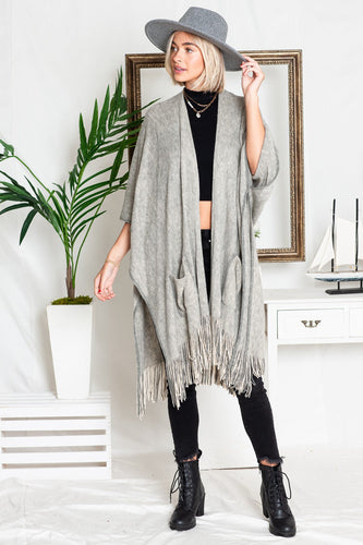 Harlow Knit Grey Braided Fringe Winter Cardigan w/Pockets