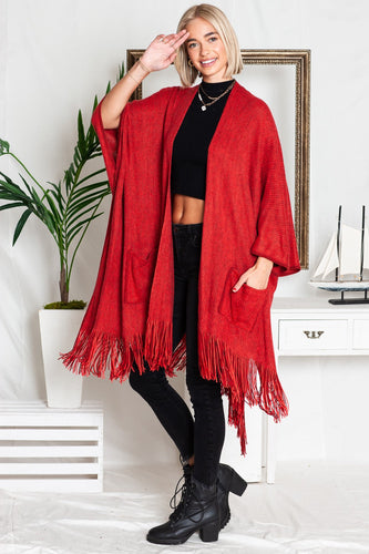 Harlow Knit Red Braided Fringe Winter Cardigan w/Pockets