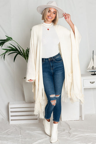 Harlow Knit Cream Braided Fringe Winter Cardigan w/Pockets