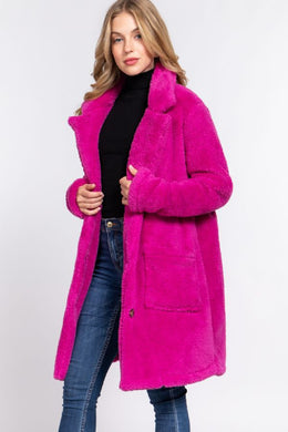 Fuchsia Pink Winter Comfort Sherpa Long Sleeve Coat