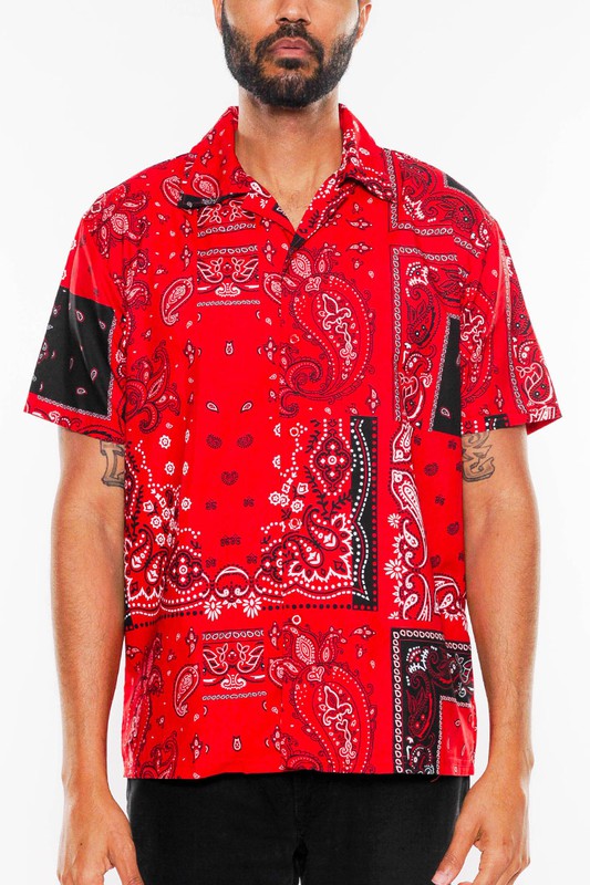 Mens Red Paisley Collared Print Button Down Shirt