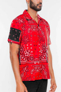 Mens Red Paisley Collared Print Button Down Shirt