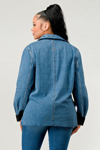 Denim Blue Ruched Style Long Sleeve Blazer