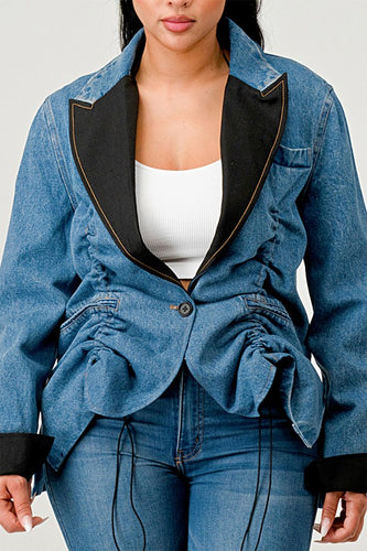 Denim Blue Ruched Style Long Sleeve Blazer