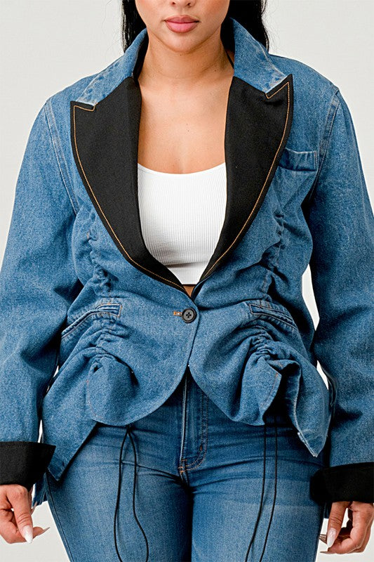 Denim Blue Ruched Style Long Sleeve Blazer