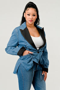 Denim Blue Ruched Style Long Sleeve Blazer