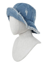 Load image into Gallery viewer, Distressed Denim Bucket Hat with Wired Brim