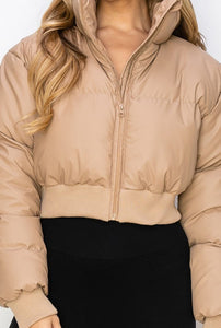 Trendy Olive High Collar Puffer Long Sleeve Crop Coat