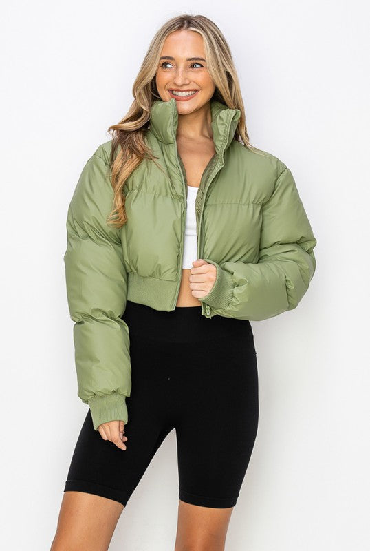 Trendy Olive High Collar Puffer Long Sleeve Crop Coat