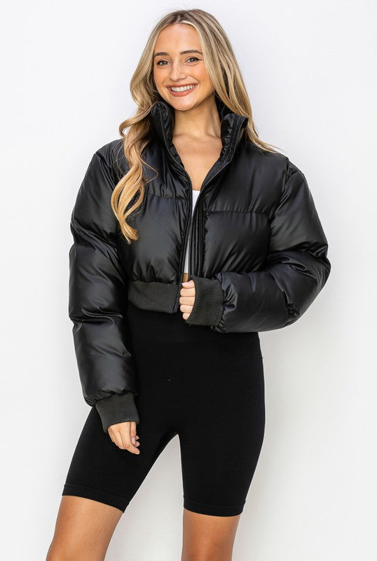 Trendy Black High Collar Puffer Long Sleeve Crop Coat