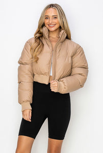 Trendy Olive High Collar Puffer Long Sleeve Crop Coat