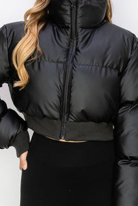 Trendy Black High Collar Puffer Long Sleeve Crop Coat