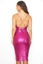 Load image into Gallery viewer, Fuschia Pink Sequin Cowl Front Bodycon Dress