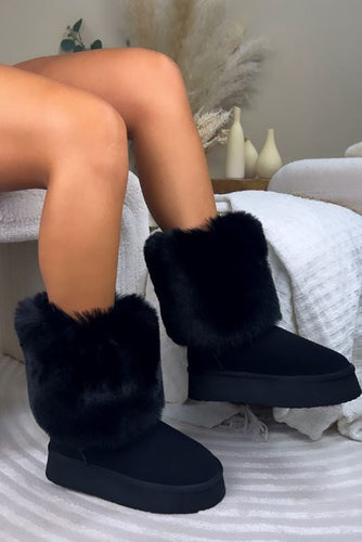 Designer Style Fur Cuff Black Suede Platform Ankle Boots