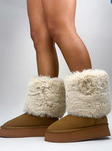 Load image into Gallery viewer, Designer Style Fur Cuff Sand Suede Platform Ankle Boots