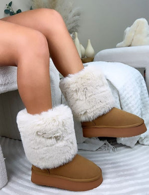 Designer Style Fur Cuff Brown Suede Platform Ankle Boots