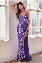 Load image into Gallery viewer, Red Carpet Purple Sequined Glitter High Slit Maxi Gown