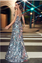 Load image into Gallery viewer, Red Carpet Silver Sequined Glitter High Slit Maxi Gown