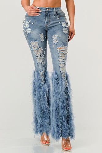 Distressed Pearl Embellished Feather Blue Detail Jeans