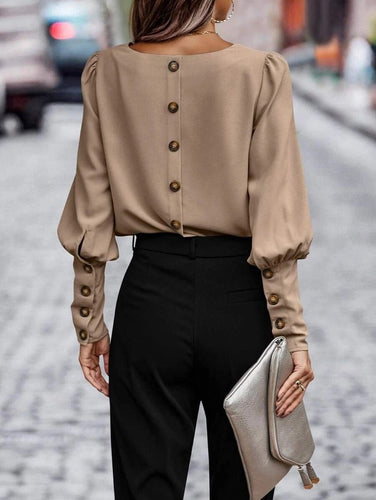 Contemporary Solid Taupe Button Long Sleeve Blouse