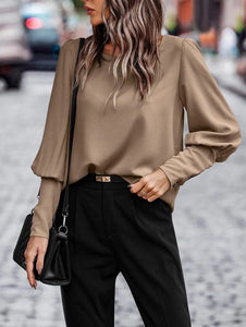 Contemporary Solid Taupe Button Long Sleeve Blouse