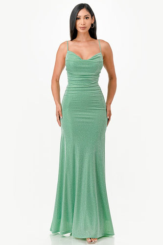 Sparking Green Jacquard Draped Sleeveless Maxi Dress