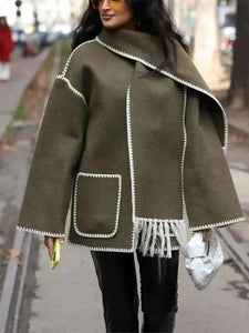 Trendy Wool Light Grey Embroidered Scarf Style Trench Coat Jacket