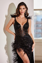Load image into Gallery viewer, Champagne Rose Feathered Sequin High Slit Gown
