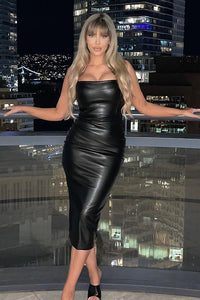 Black Bodycon Faux Leather Sleeveless Midi Dress