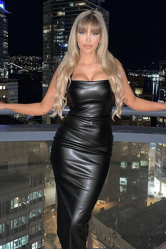 Black Bodycon Faux Leather Sleeveless Midi Dress