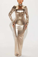 Load image into Gallery viewer, Metallic Black Backless Ruched Mock Neck Maxi Dress