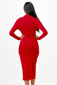 Criss Cross Red Long Sleeve Midi Dress